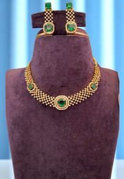 Simple short necklace with green stone -pairing with beautiful studs